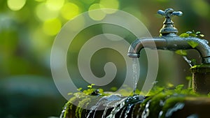Iron tap with water pouring down in the forest. Concept for save water day