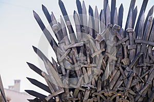 Iron throne made with swords, fantasy scene or stage. Recreation