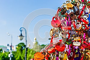 Iron tree of wedding padlocks on Luzhkov bridge