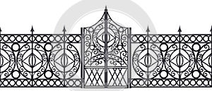 Iron vector gate, wrought metal fence seamless border isolated on white, mansion antique entrance.