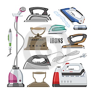 Iron vector ironing electric household appliance steamer of laundry housework illustration irony housekeeping set of hot