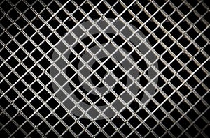 Iron ventilation grid lattice texture background. Silver gray metal pattern with square holes on black