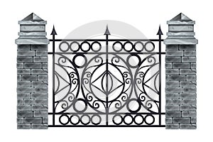 Iron wrought fence vector illustration, old ornate black steel frame, stone brick pillars, isolated on white.