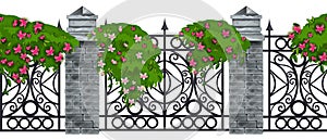 Iron wrought vector seamless fence, metal ornate steel frame, stone column, green blooming bushes.