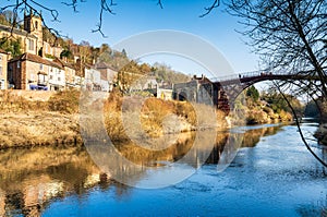 Ironbridge,Shropshire, England - February 13 2023:The Ironbridge over the River Severn in the town of Ironbridge, Shropshire, UK