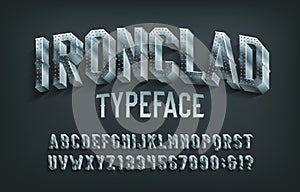 Ironclad alphabet font. 3D metal letters and numbers.