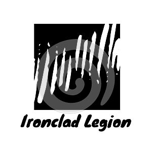 Ironclad legion text in black with white brushstrokes in black rectangle logo on white background