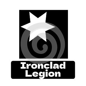 Ironclad legion text in white on black with white star in black square logo on white background