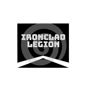 Ironclad legion text in white with chevron logo in black rectangle on white background photo