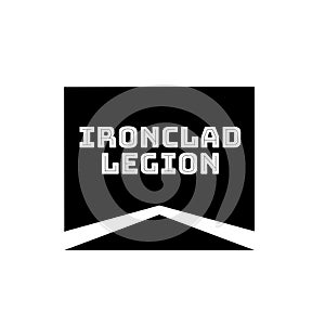 Ironclad legion text in white with chevron logo in black rectangle on white background