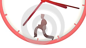 Ironical illustration of man running fast inside the clock trying to be ahead of time.