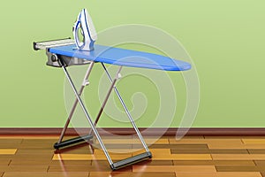 Ironing board with modern electric steam iron in room on the woo