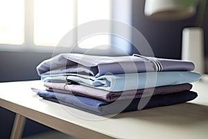 Ironing, laundry, clothes, housekeeping and objects concept - close up of ironed and folded shirts on table