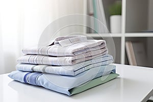 Ironing, laundry, clothes, housekeeping and objects concept - close up of ironed and folded shirts on table