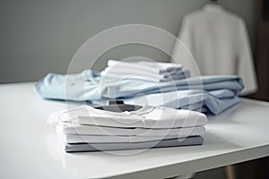 Ironing, laundry, clothes, housekeeping and objects concept - close up of ironed and folded shirts on table