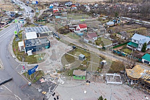 Irpin, Kyev region Ukraine - 09.04.2022: Top view of gas stations and other buildings destroyed by rocket attacks by Russian