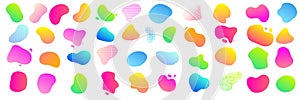 Irregular color blobs, organic shape splashes and liquid forms. Vector abstract patterns and halftone backgrounds with color blend