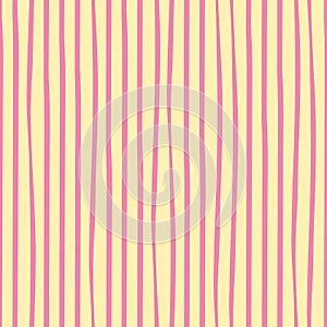 Irregular freehand pink doodle stripes vertical geometric design. Vector seamless pattern on mellow yellow background