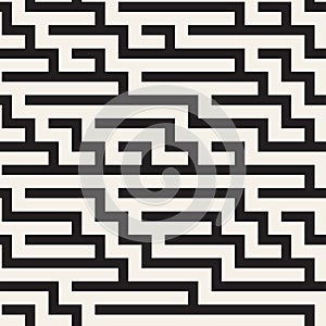 Irregular Maze Shapes Tiling Contemporary Graphic Design. Vector Seamless Black and White Pattern