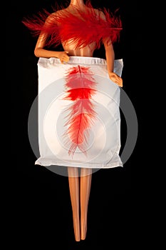 Irregular period concept. Menstrual cycle pad with red feathers on black background. Menorrhagia or heavy menstruation photo