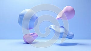 irregular plastic forms in light blue and lavender tones, floating in empty space, surreal but calm