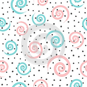 Irregular polka dot and repeated spirals drawn by hand with rough brush. Simple girlish seamless pattern.