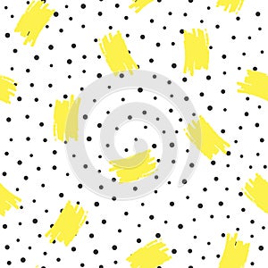 Irregular polka dots and brush strokes. Trendy seamless pattern.