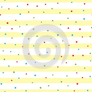 Irregular polka dots on striped background. Color seamless pattern.