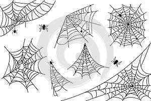 Irregular realistic spider webs in different shapes for Halloween holiday. Collection of cobweb elements for horror