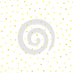 Irregular yellow polka dot scattered on white background. Spotted seamless pattern.