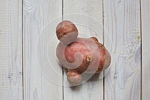 Irregularly shaped potatoes on a white wooden background. Food waste and ugly food concept