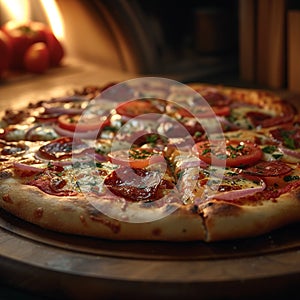 Irresistible aroma Freshly baked pizza adorned with mozzarella, salami, and tomato