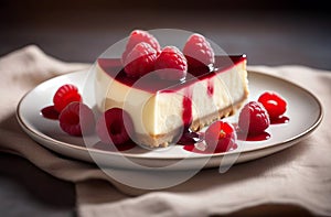 An irresistible cheesecake infused with raspberry flavors, topped with a luscious syrup and adorned with fresh berries