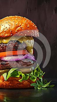 Irresistible homemade burger displayed beautifully against dark backdrop banner