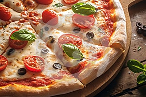 Irresistible homemade pizza featuring tomatoes, mozzarella, olives, and fragrant basil