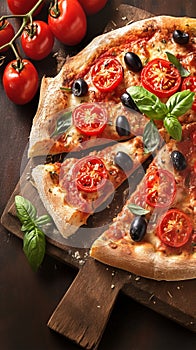 Irresistible homemade pizza featuring tomatoes, mozzarella, olives, and fragrant basil