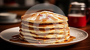 Irresistible Indulgence: A Close-up Glimpse of a Sumptuous Stack of Fluffy Pancakes Drizzled with Golden Honey - AI Generative