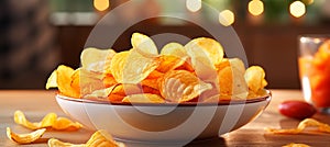 Irresistible potato chips on defocused background with text space for creative messaging