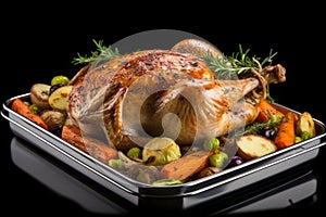 Irresistible roast goose sizzling to perfection in a seasoned pan, ready to tantalize taste buds