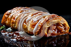 Irresistible treat Apple strudel on dark background with text space