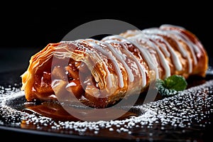 Irresistible treat Apple strudel on dark background with text space