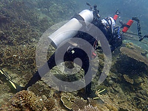 Irresponsibility underwater photographer whom step on the coral reefs during a leisure dive in Tunku Abdul Rahman Park, Sabah. photo