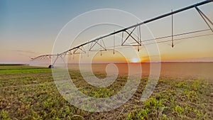 Irrigate agriculture. Machinery a irrigation farm field. Farmer field at sunset watering plants business agricultural