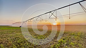 irrigate agriculture. machinery a irrigation farm field. farmer field at sunset watering plants business agricultural