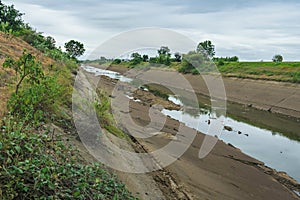 Irrigation canal or irrigation channel in concrete wall Send water from the reservoir to the agricultural area of â€‹â€‹the farmer