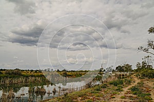 Irrigation channel on cloudy day at Kow Swamp, Victoria Australia