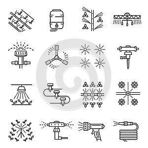 Irrigation farm equipment thin line icons set isolated on white. Sprinkler, plant watering system.