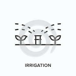 Irrigation flat line icon. Vector outline illustration of automatic grass sprinkler. Black thin linear pictogram for