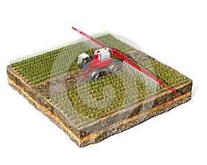 Irrigation machine works in field on a piece of ground, plants irrigation concept, isolated on white background,
