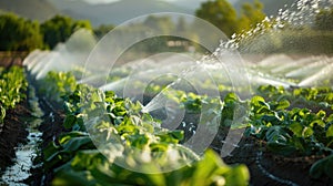 Irrigation of plantation. Sprinkler irrigates vegetable crops